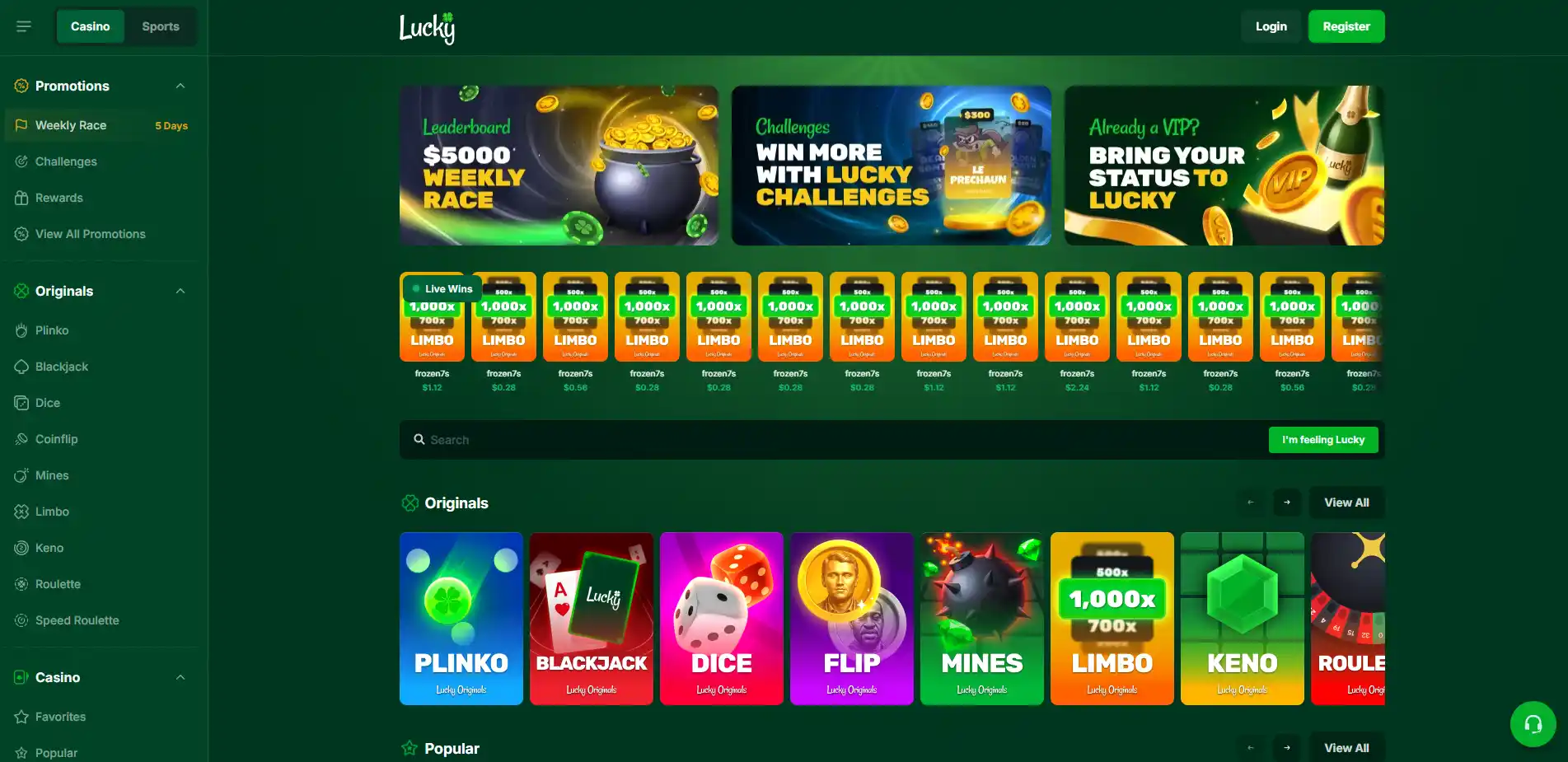 Lucky.fun public homepage with casino navigation and game lobby content